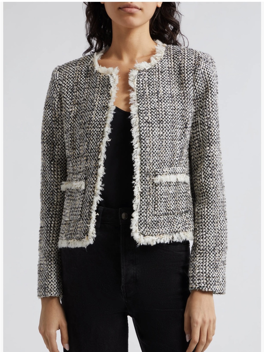 L'AGENCE Women's Angelina Metallic Tweed Fringed Jacket Black & White Size 14